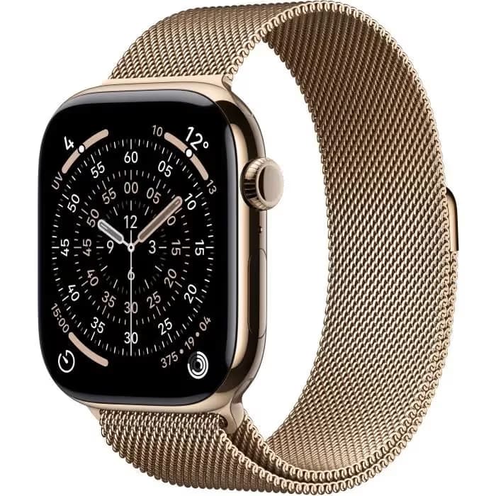 Apple Watch Series 11 GPS + Cellular - 46mm - Boîtier Titane Gold - Bracelet Boucle Milanese Gold 